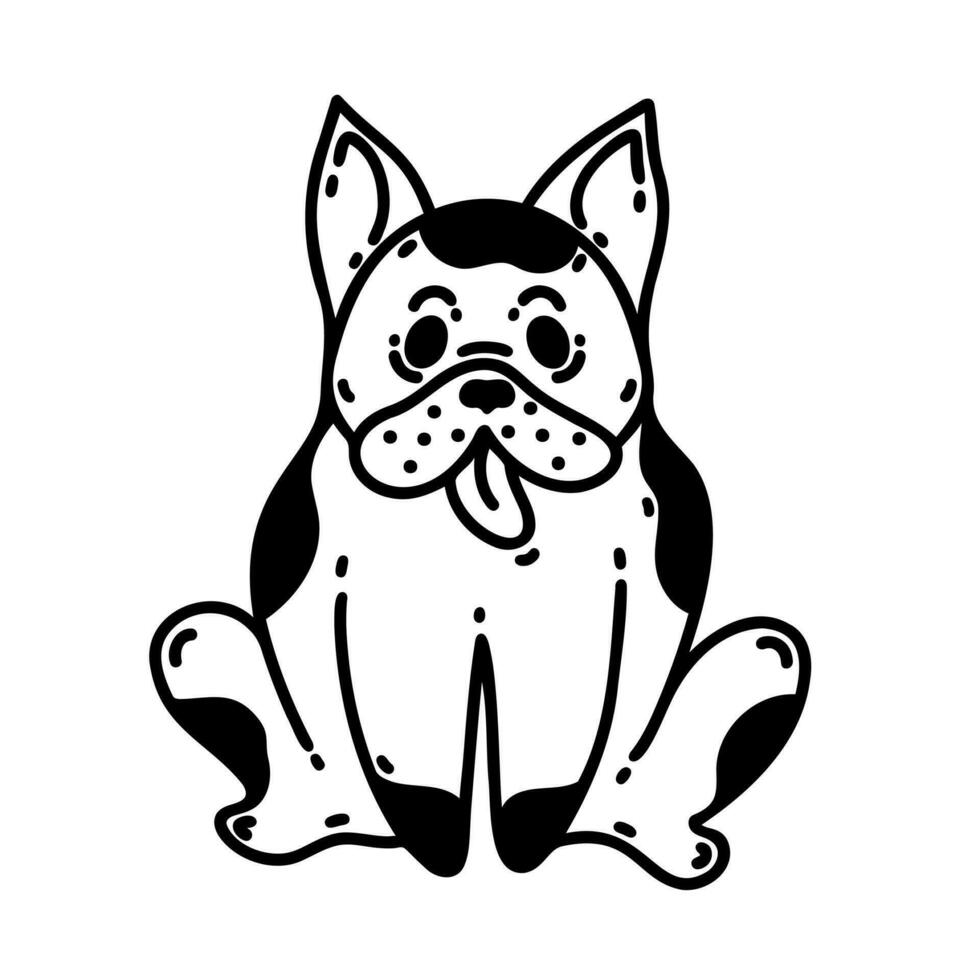 linda francés buldog vector icono. manchado negro y blanco perro sonrisas y se sienta con su lengua colgando afuera. gracioso de pura raza cachorro, simpático mascota. sencillo garabatear, bosquejo. clipart para tarjetas, carteles, impresión