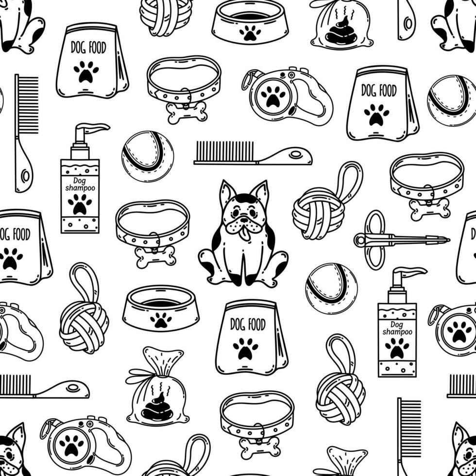 Dog care seamless vector pattern. Pet accessories - dry food, bowl, collar, leash, toy, shampoo. Grooming and veterinary for a puppy. Simple doodle. Black and white background for print, packaging