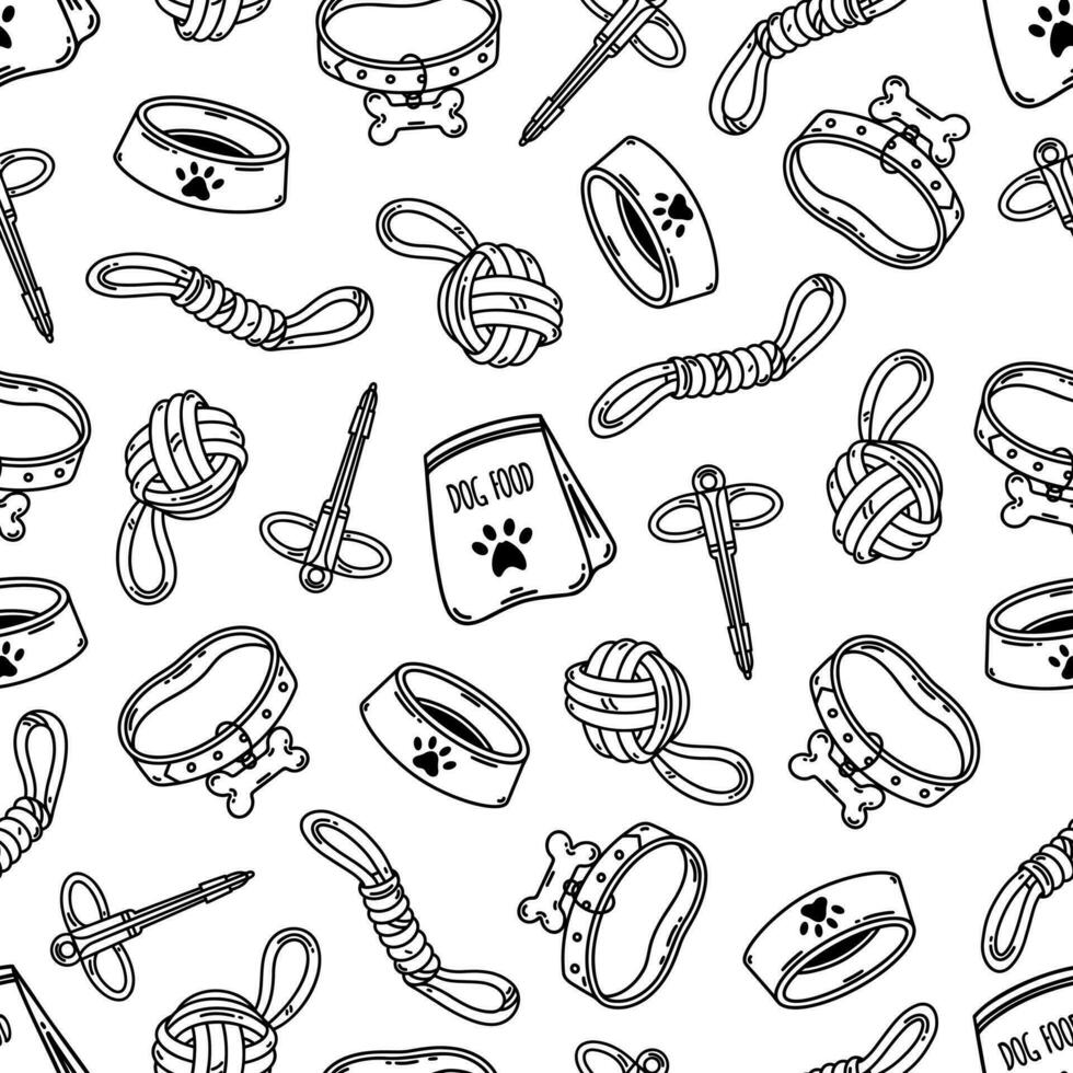 Pet care seamless vector pattern. Animal accessories - dog food, cat bowl, collar with bone, toys, ball, pill giver. Grooming and veterinary. Black and white background for print, fabric, packaging