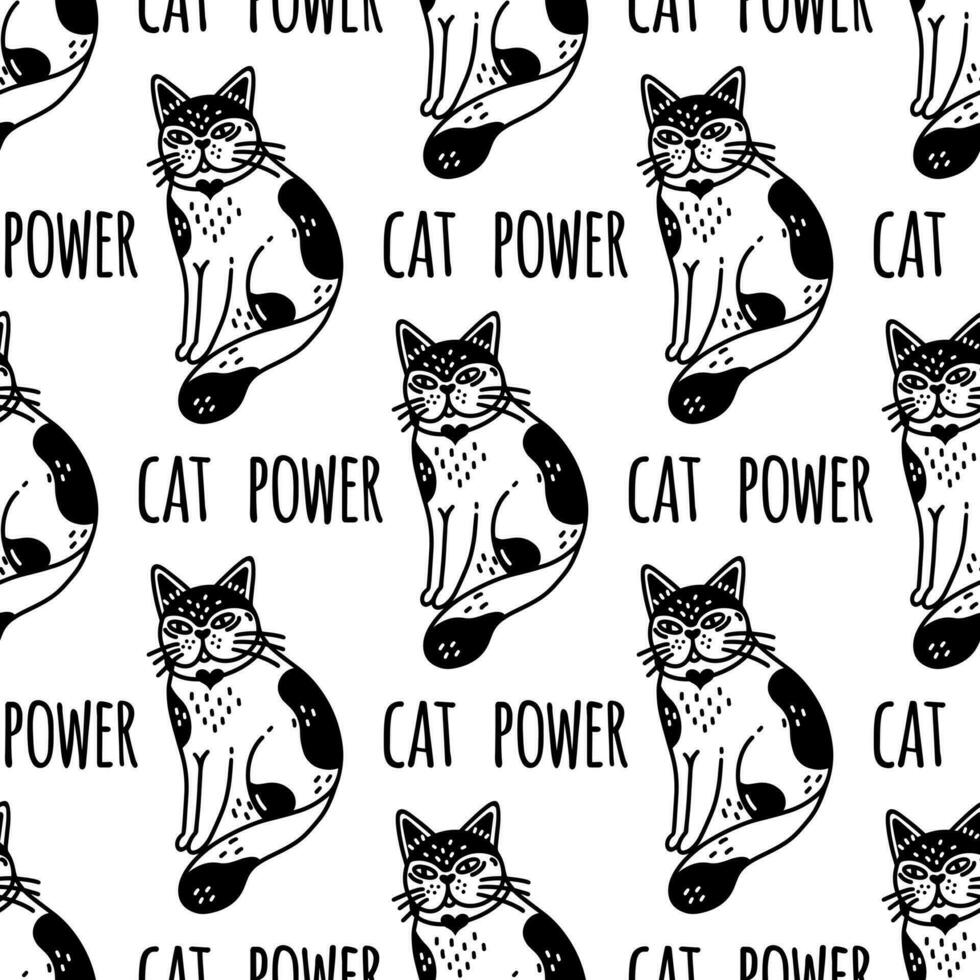 Cat power seamless vector pattern. Cute spotted kitten sits and smiles. Animal in a collar with a heart. Simple doodle, sketch. Black and white background for posters, print, wallpaper, fabric, web