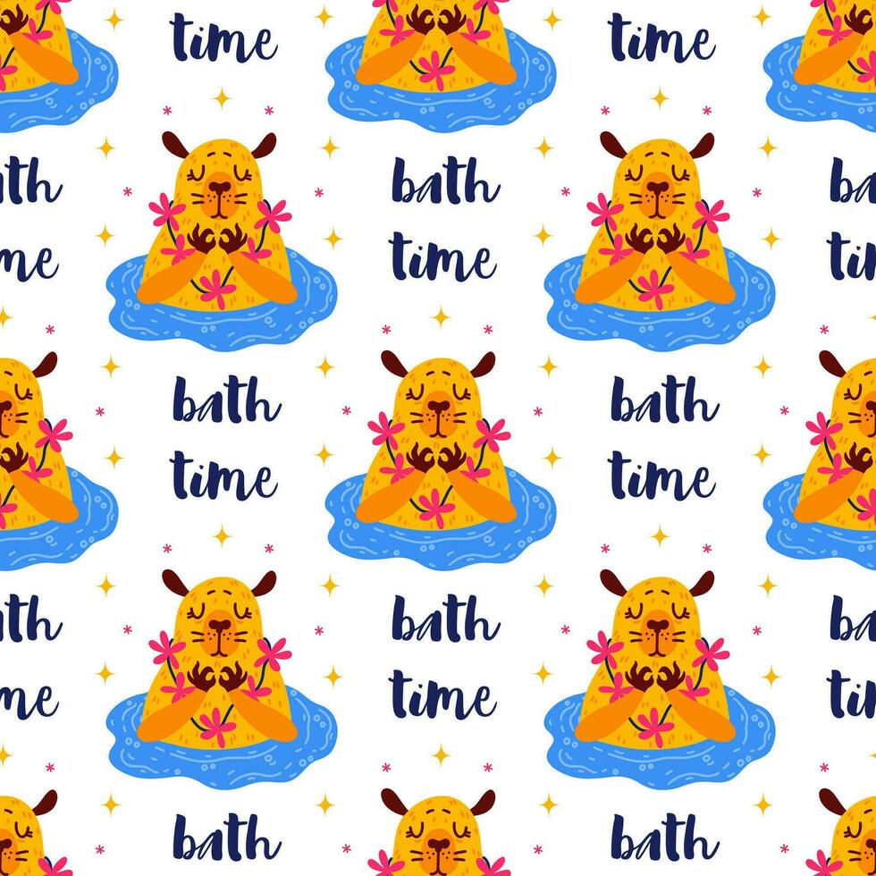 Cute capybara swimming in the lake seamless vector pattern. Funny pet with a flower necklace is meditating. Bath time. Flat cartoon illustration. Bright baby background for posters, print, wallpapers