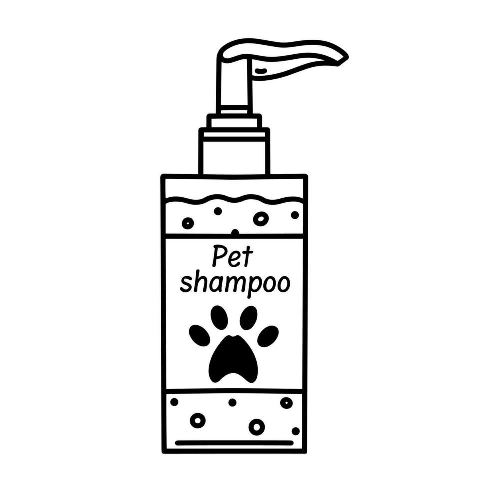 mascota champú vector icono. productos cosméticos para Lavado perros y gatos productos para animales, veterinario y aseo. jabón botella con pata símbolo. sencillo garabatear, bosquejo. negro y blanco clipart para imprimir, web