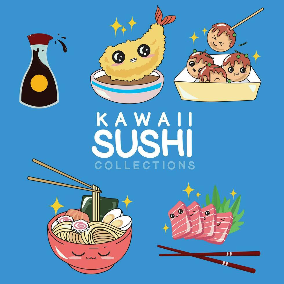 Funny Japanese food. Asian cuisine. Kawaii cute sushi collections with smiling face and pink cheeks. Cartoon emoji for textile, web, print. Vector illustration.