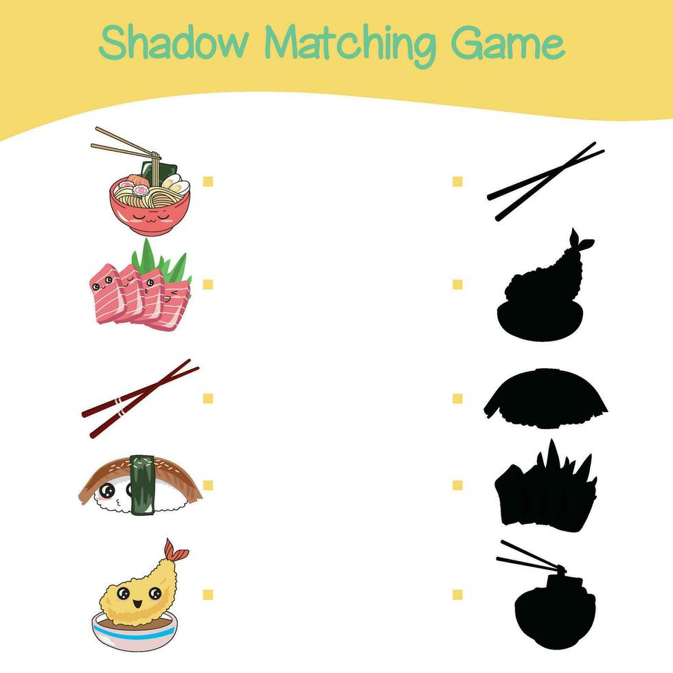 Find the correct shadow. Kids educational game. Funny Japanese food. Kawaii cute sushi collections with smiling face and pink cheeks. Vector illustration.