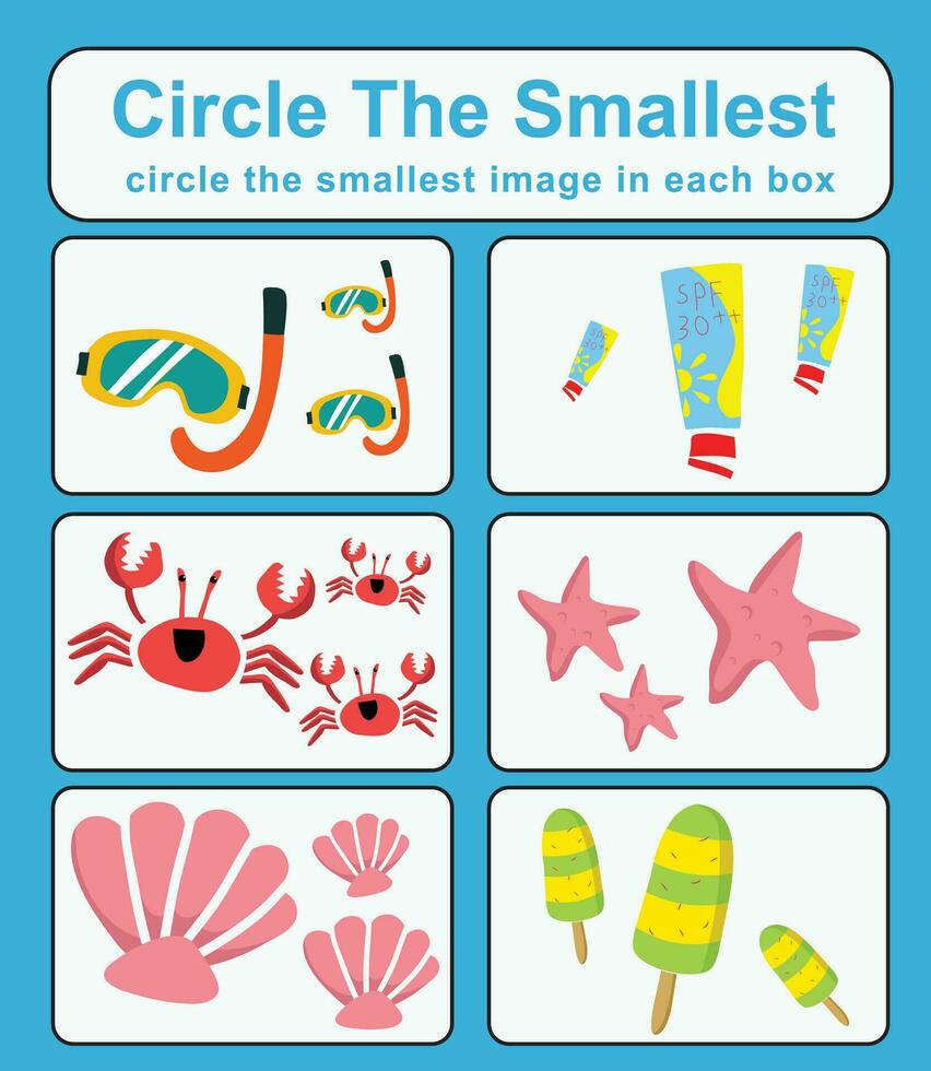 Educational game for children. Circle the smallest object in each box. Printable activity page for kids. Vector file.