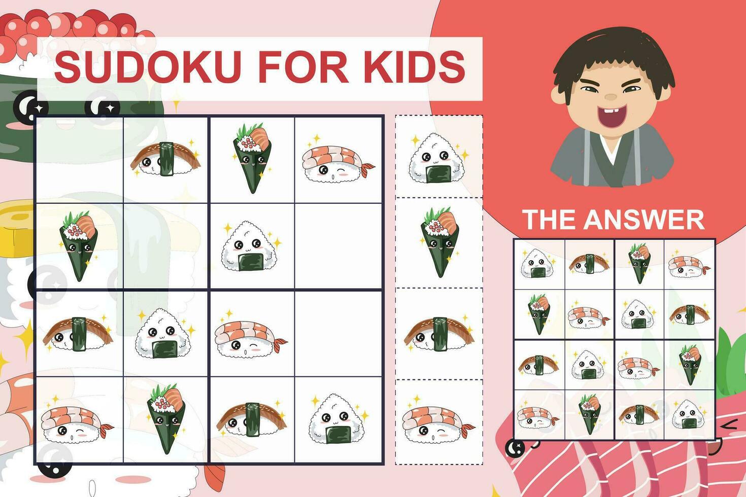 Sudoku sheet for kids. Education worksheet for children. Printable puzzle game for preschool.  Kawaii cute sushi collections. Vector file.