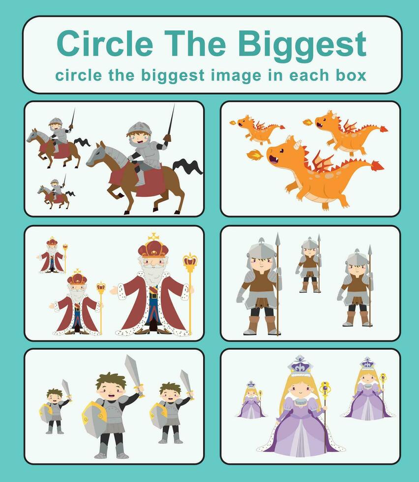 Circle the biggest object in each box. Cute cartoon character fairytale mediaeval kingdom prince, princess, king, and queen. Printable activity page for kids. vector