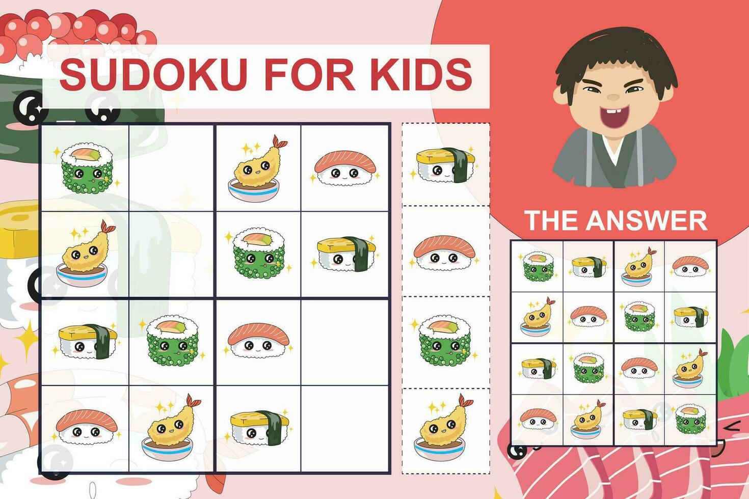 Sudoku sheet for kids. Education worksheet for children. Printable puzzle game for preschool.  Kawaii cute sushi collections. Vector file.