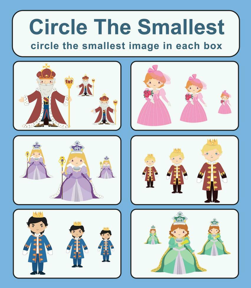 Circle the smallest object in each box. Cute cartoon character fairytale mediaeval kingdom prince, princess, king, and queen. Printable activity page for kids vector