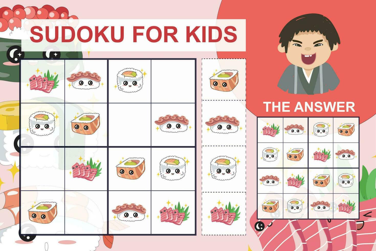 Sudoku sheet for kids. Education worksheet for children. Printable puzzle game for preschool.  Kawaii cute sushi collections. Vector file.
