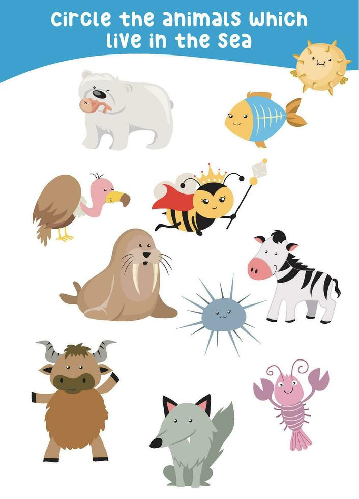 Circle the animals which live in the sea. Guess and circle the sea animals on the page. vector