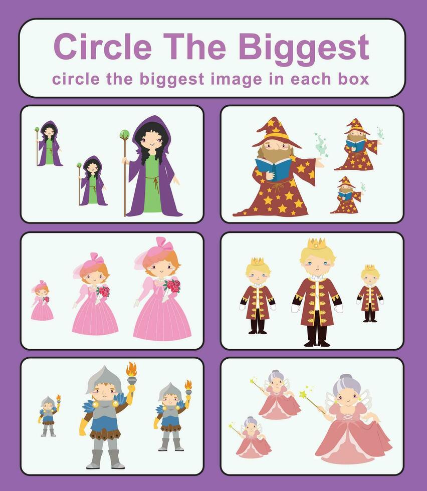 Circle the biggest object in each box. Cute cartoon character fairytale mediaeval kingdom prince, princess, king, and queen. Printable activity page for kids. vector