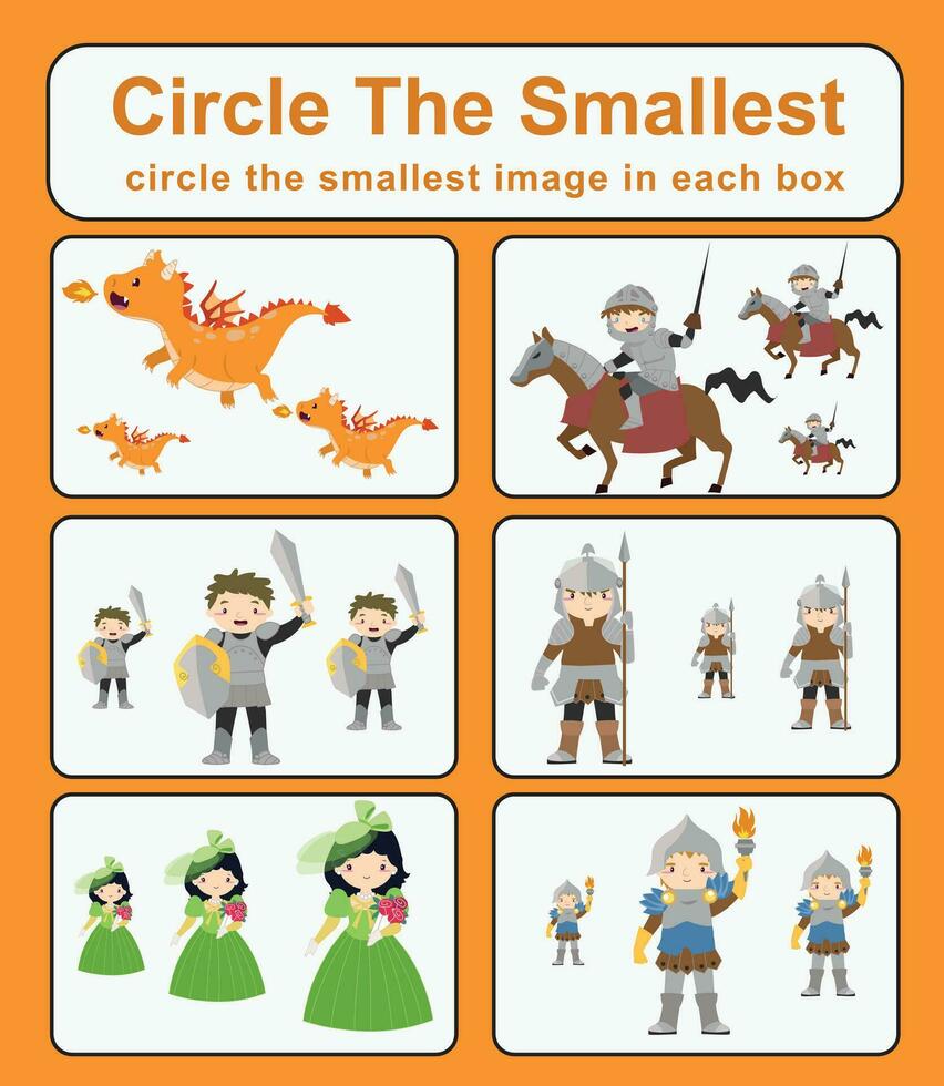 Circle the smallest object in each box. Cute cartoon character fairytale mediaeval kingdom prince, princess, king, and queen. Printable activity page for kids vector