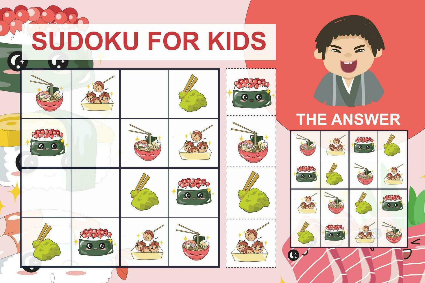 Sudoku sheet for kids. Education worksheet for children. Printable puzzle game for preschool.  Kawaii cute sushi collections. Vector file.