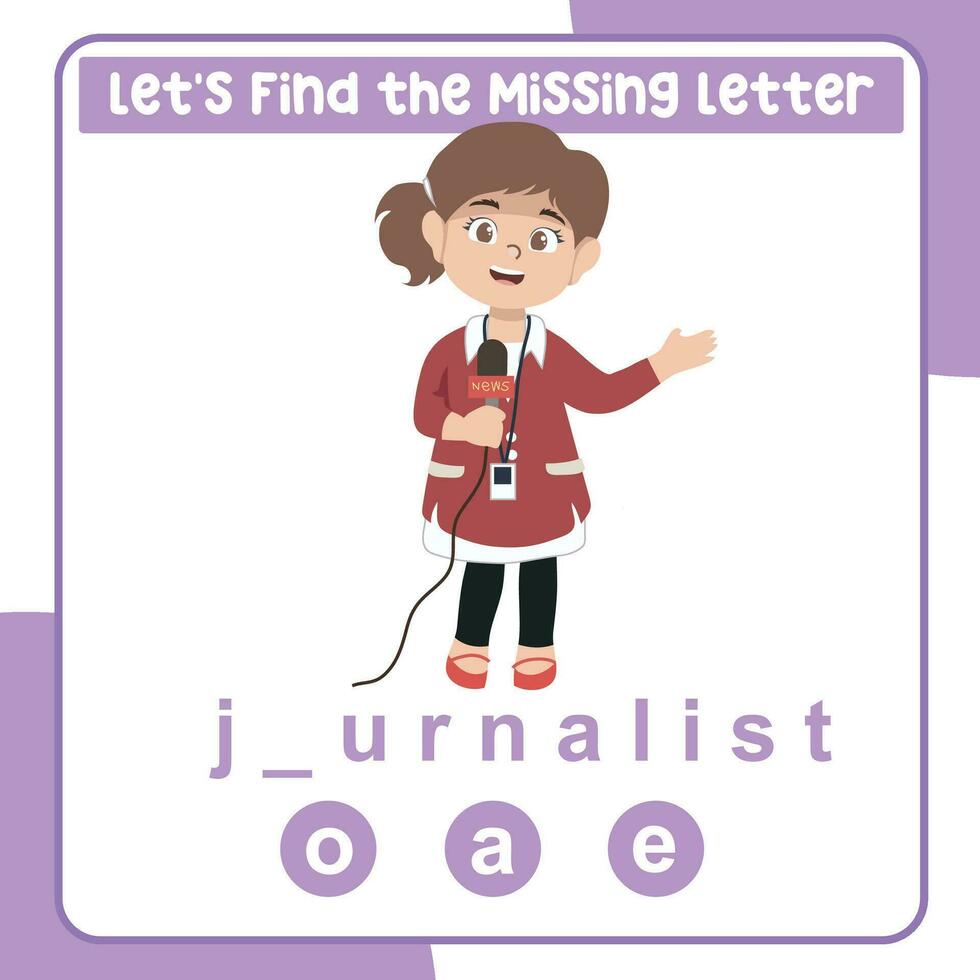 Missing letter worksheet. Complete occupation name. Kids educational game. Worksheet for preschool. Writing practice. Vector file.