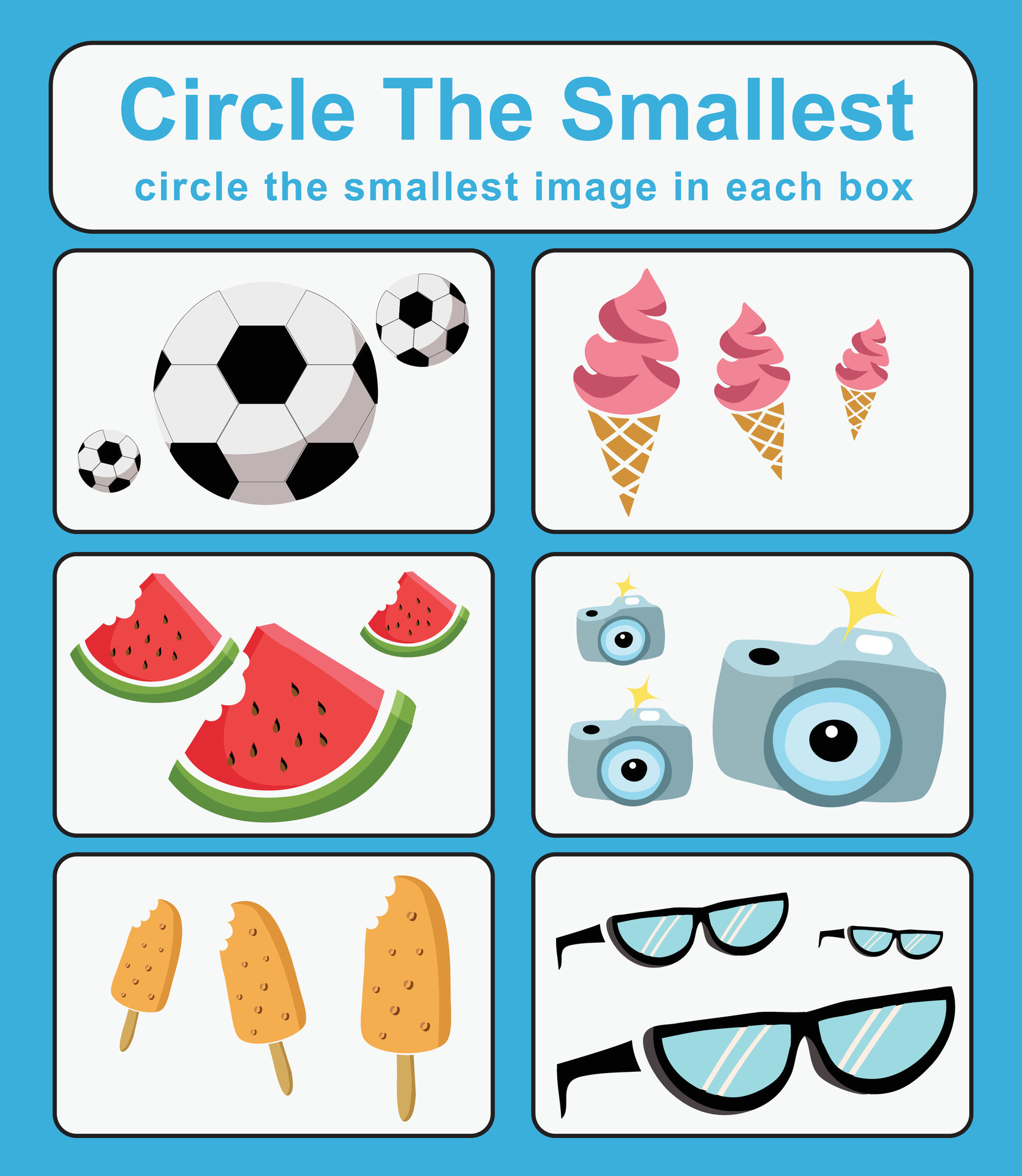 Educational game for children. Circle the smallest object in each box