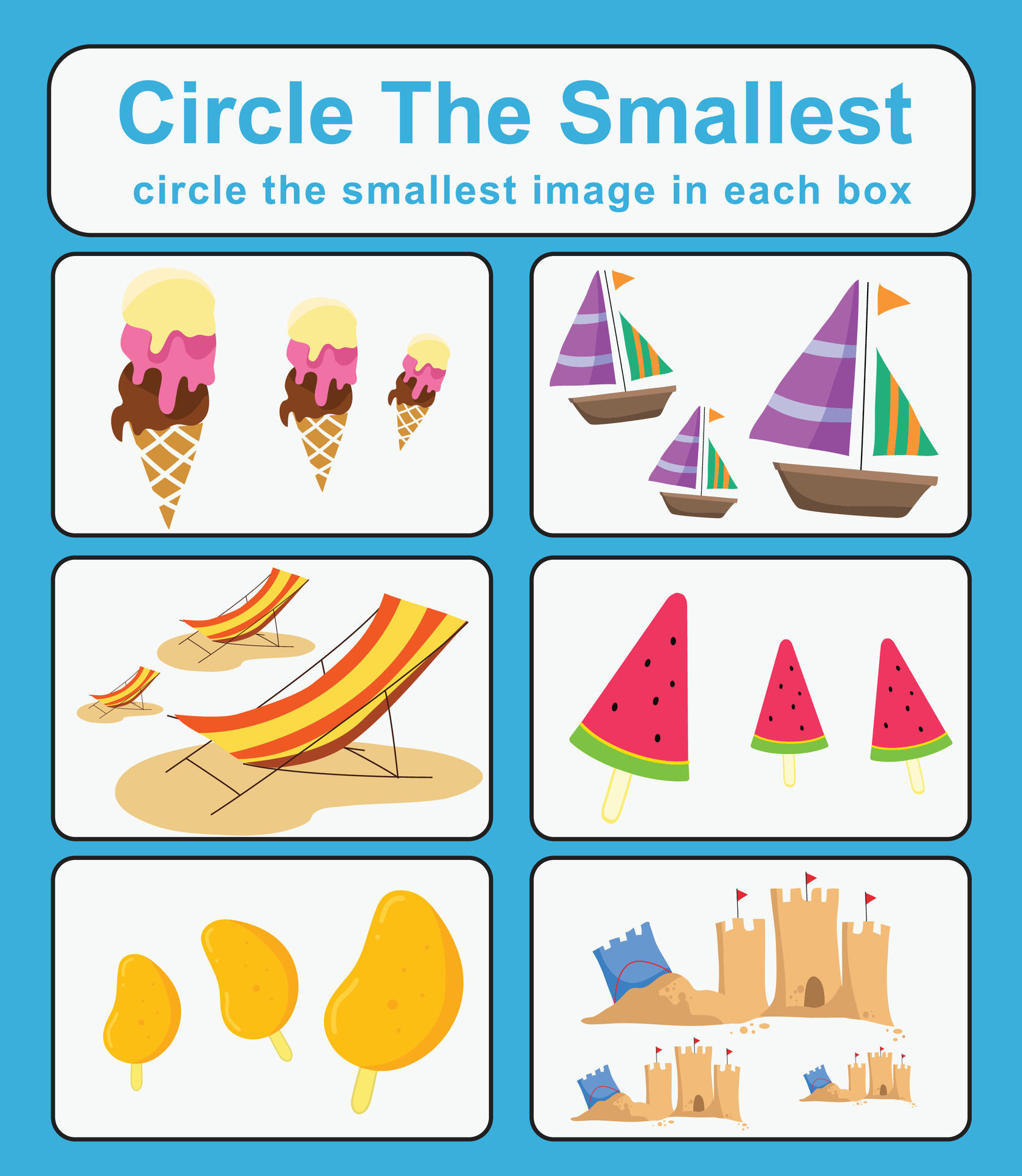 Educational game for children. Circle the smallest object in each box