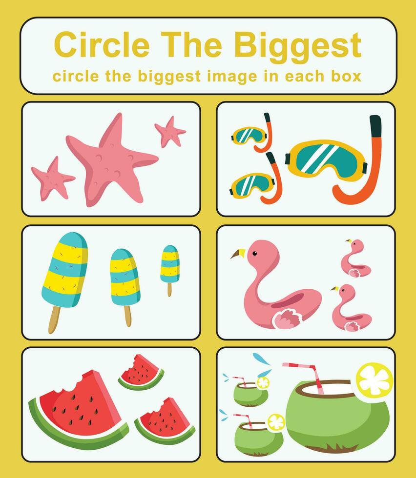 Educational game for children. Circle the biggest object in each box. Printable activity page for kids. Vector file.