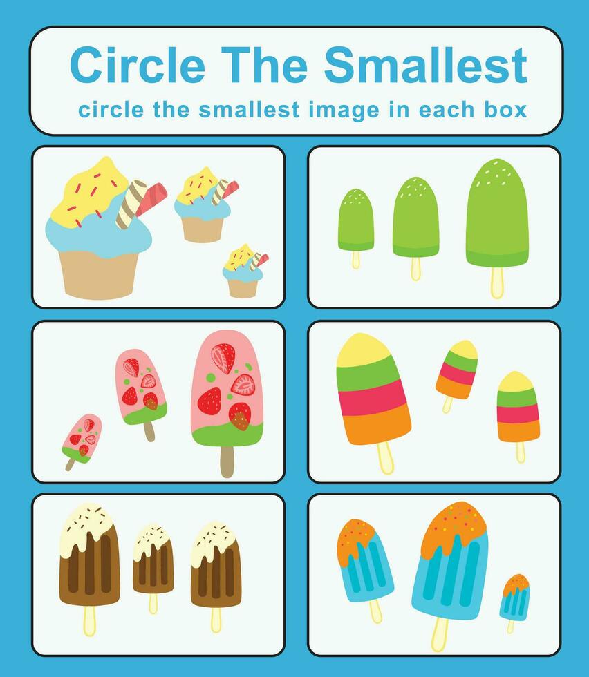 Educational game for children. Circle the smallest object in each box. Printable activity page for kids. Vector file.