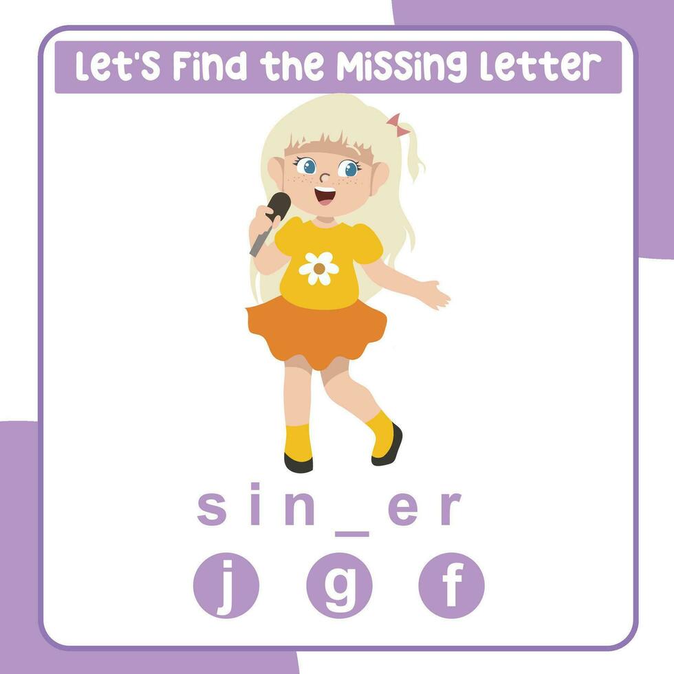 Missing letter worksheet. Complete occupation name. Kids educational game. Worksheet for preschool. Writing practice. Vector file.
