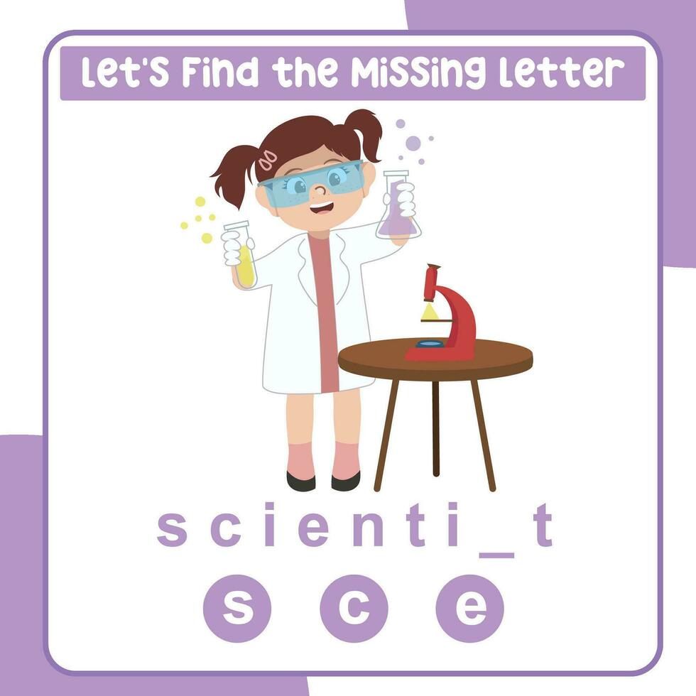 Missing letter worksheet. Complete occupation name. Kids educational game. Worksheet for preschool. Writing practice. Vector file.