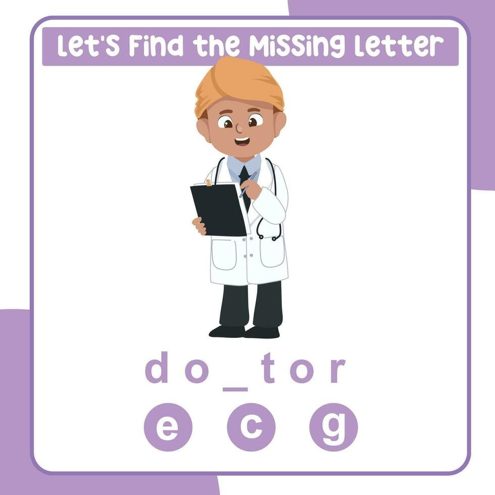 Missing letter worksheet. Complete occupation name. Kids educational game. Worksheet for preschool. Writing practice. Vector file.
