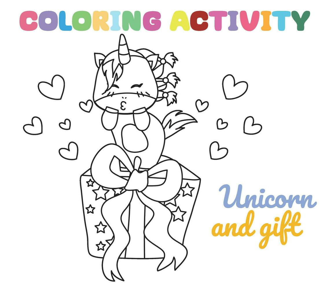 Coloring unicorn worksheet page. Fun activity for kids. Educational printable coloring worksheet. Coloring activity for children. Vector illustration.