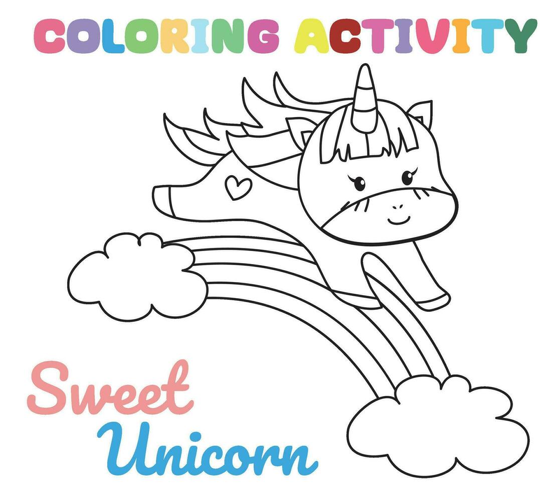 Coloring unicorn worksheet page. Fun activity for kids. Educational printable coloring worksheet. Coloring activity for children. Vector illustration.