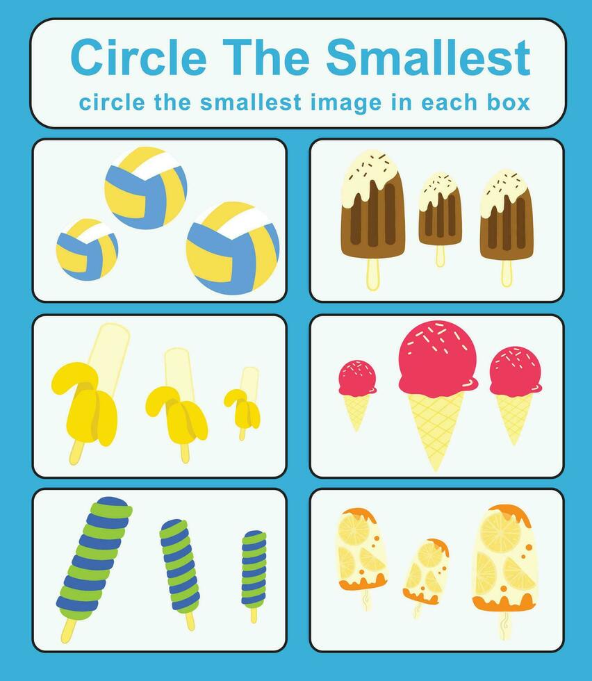 Educational game for children. Circle the smallest object in each box. Printable activity page for kids. Vector file.
