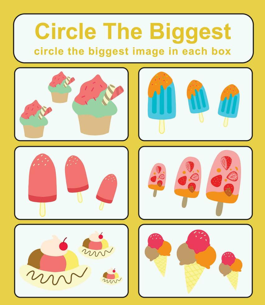 Educational game for children. Circle the biggest object in each box. Printable activity page for kids. Vector file.