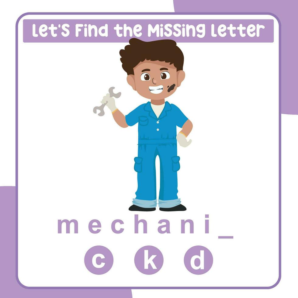 Missing letter worksheet. Complete occupation name. Kids educational game. Worksheet for preschool. Writing practice. Vector file.