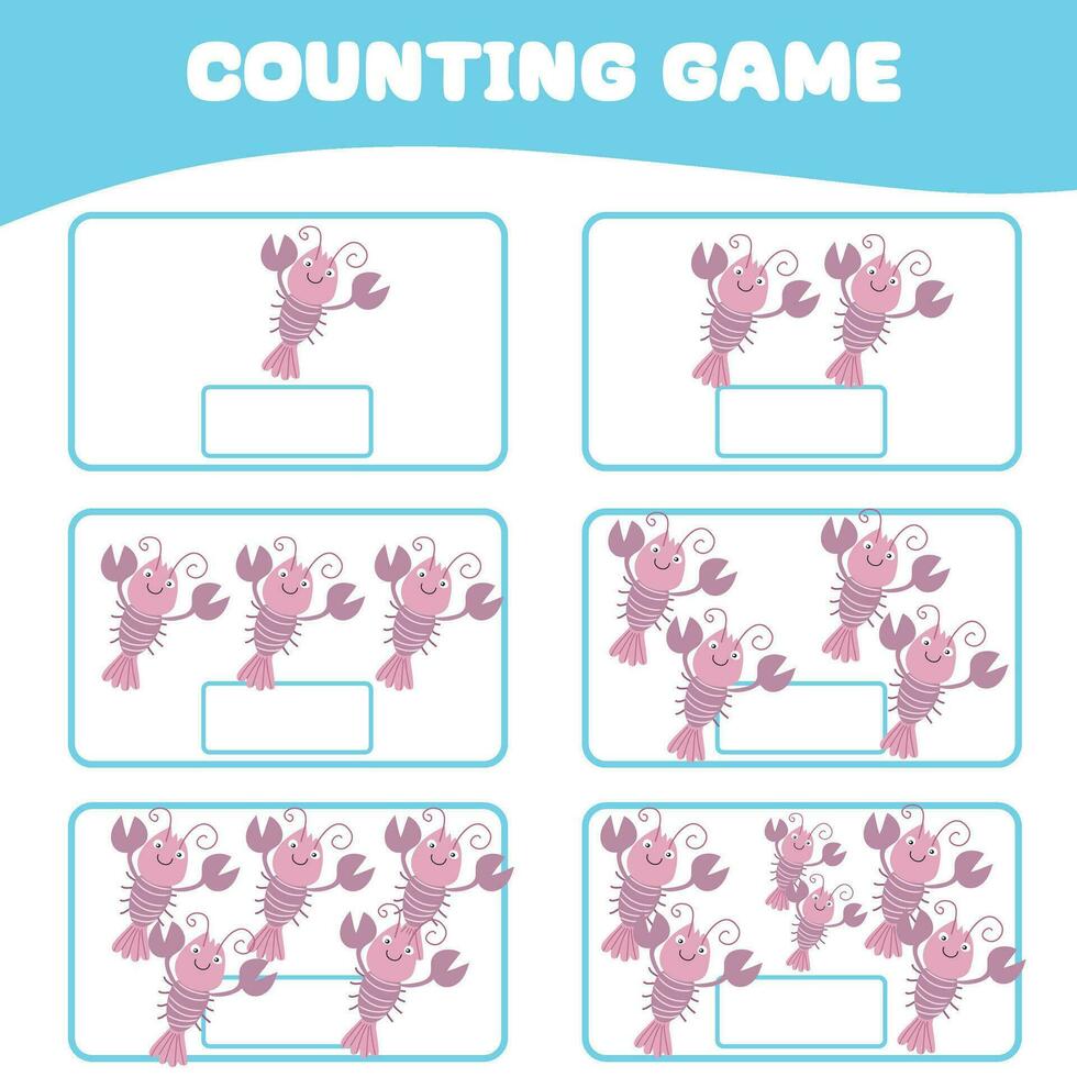 Mathematic counting worksheet. Count picture and write activity. Worksheet for kid. Educational printable worksheet. Vector illustration.