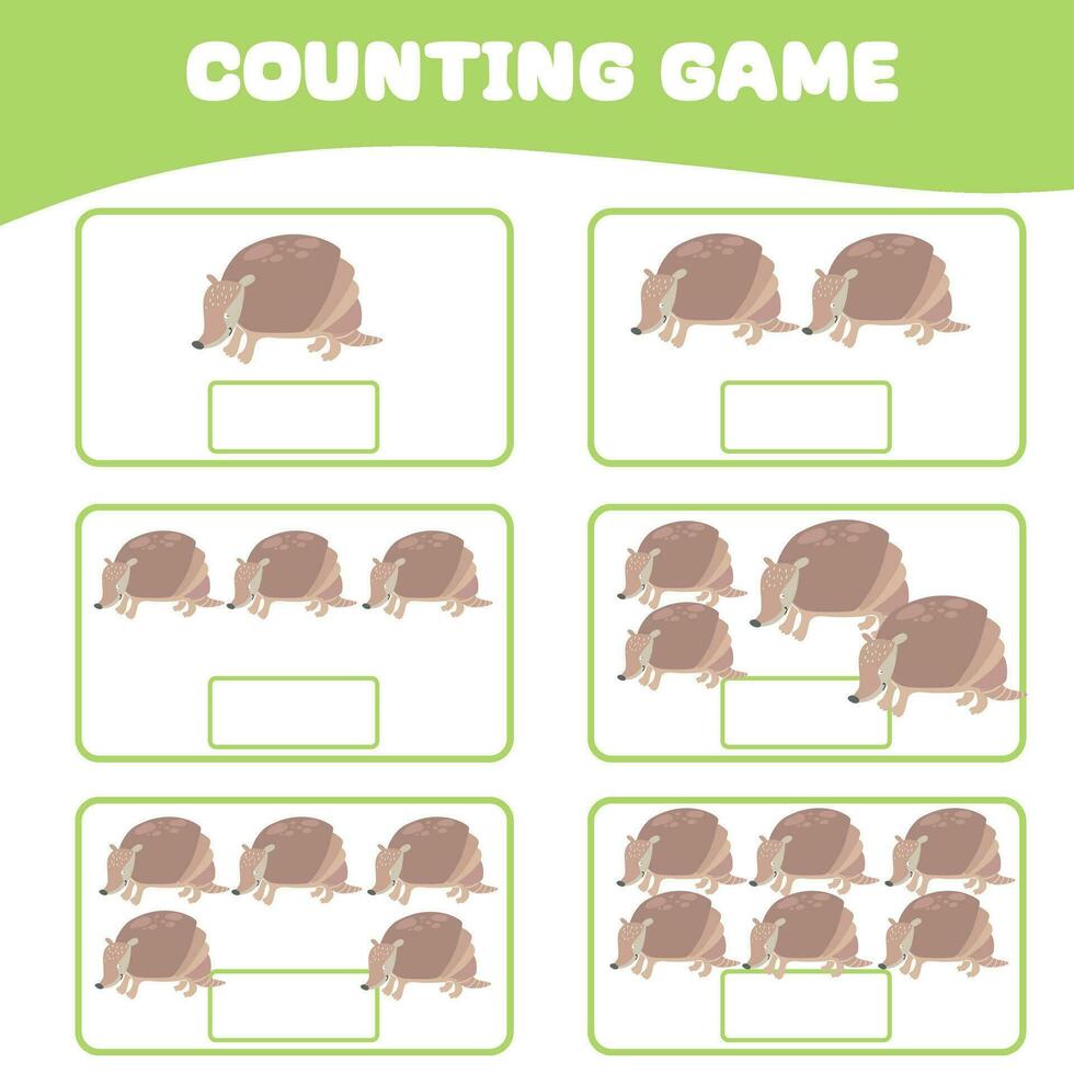 Mathematic counting worksheet. Count picture and write activity. Worksheet for kid. Educational printable worksheet. Vector illustration.