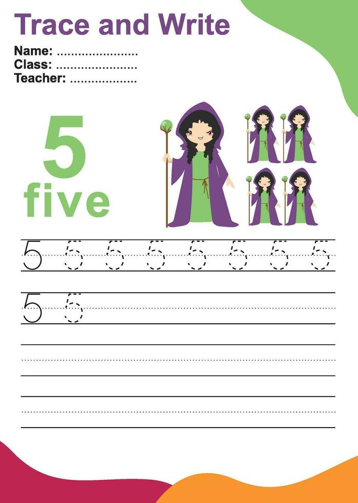 Trace and write number for children. Exercise for children to recognize the number. Educational worksheet for preschool. Vector file.