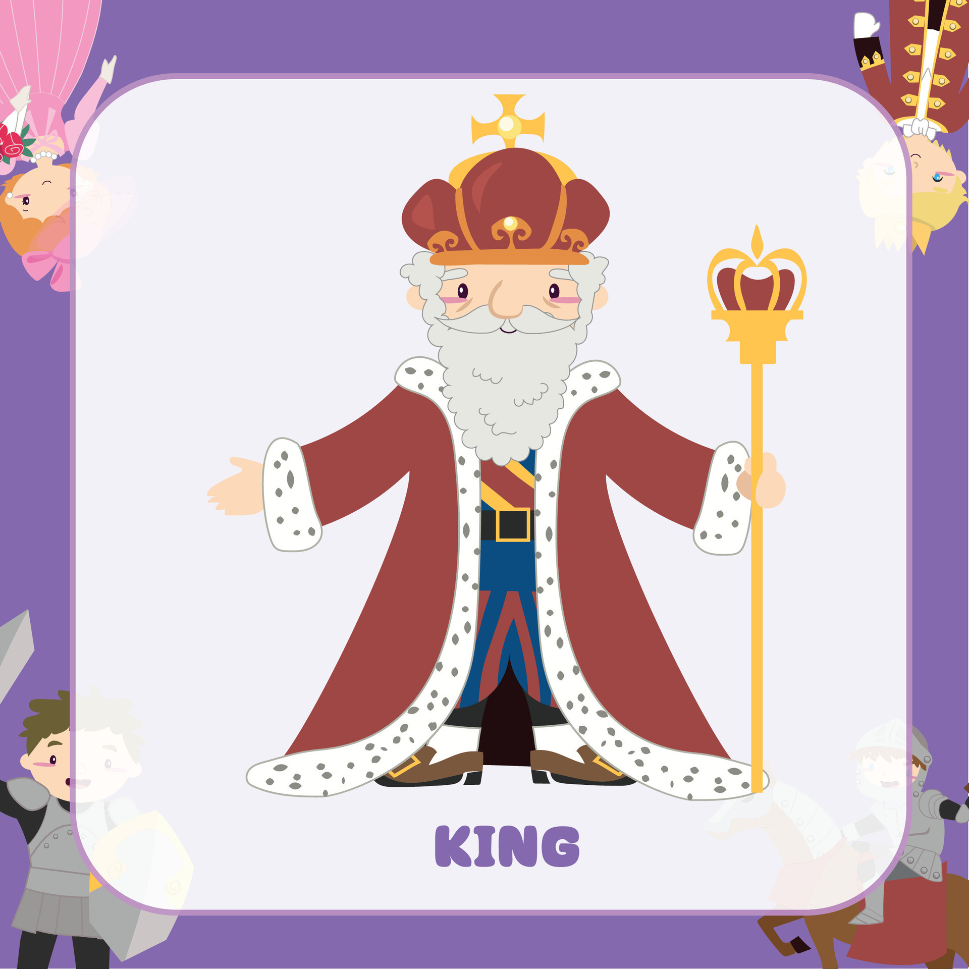 Vector fairytale flash cards set. English language game with cute castle,  king, princess, queen for kids. Magic kingdom flashcards with fantasy  characters. Simple educational printable worksheet. 6847304 Vector Art at  Vecteezy