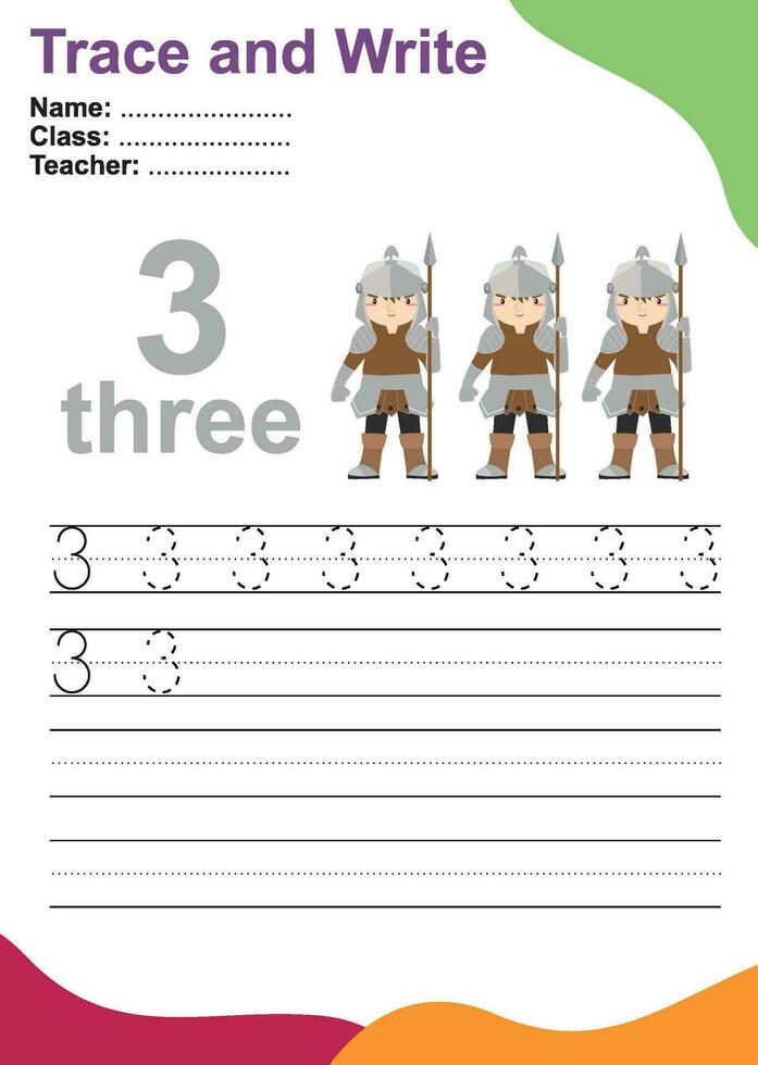 Trace and write number for children. Exercise for children to recognize the number. Educational worksheet for preschool. Vector file.