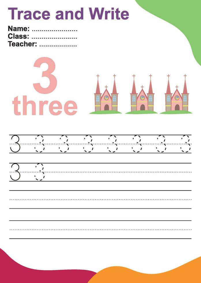 Trace and write number for children. Exercise for children to recognize the number. Educational worksheet for preschool. Vector file.