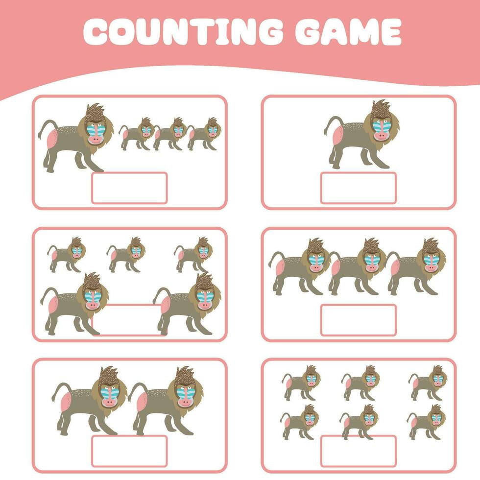Mathematic counting worksheet. Count picture and write activity. Worksheet for kid. Educational printable worksheet. Vector illustration.