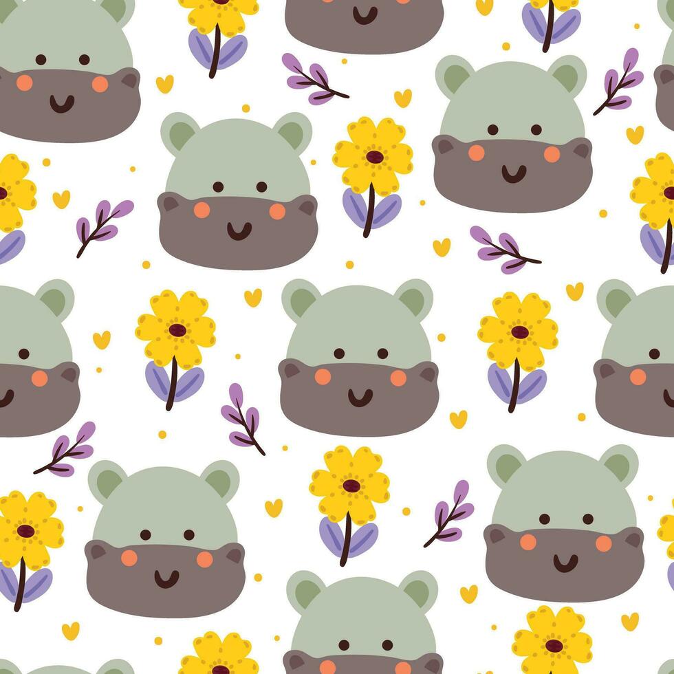 sin costura modelo dibujos animados hipopótamo y flor. linda animal fondo de pantalla para textil, regalo envolver papel vector