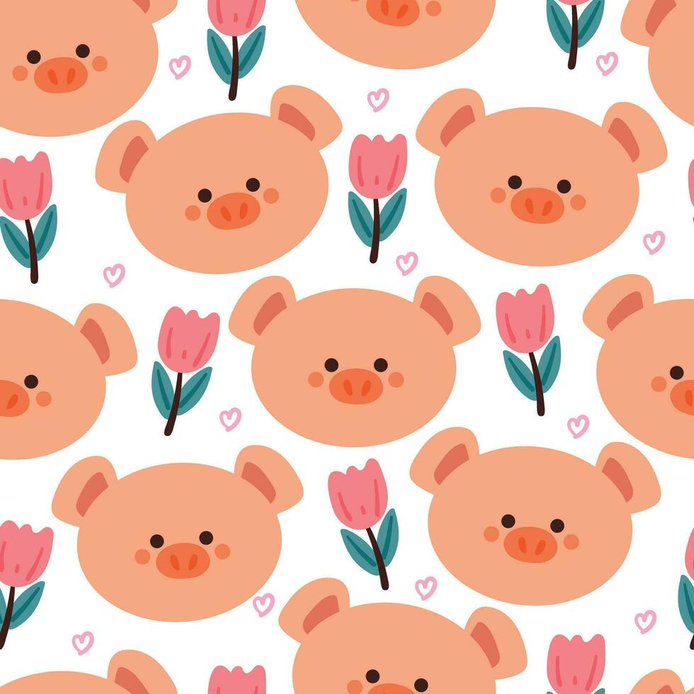 seamless pattern cartoon pig and pink tulip flower. cute animal wallpaper for textile, gift wrap paper vector