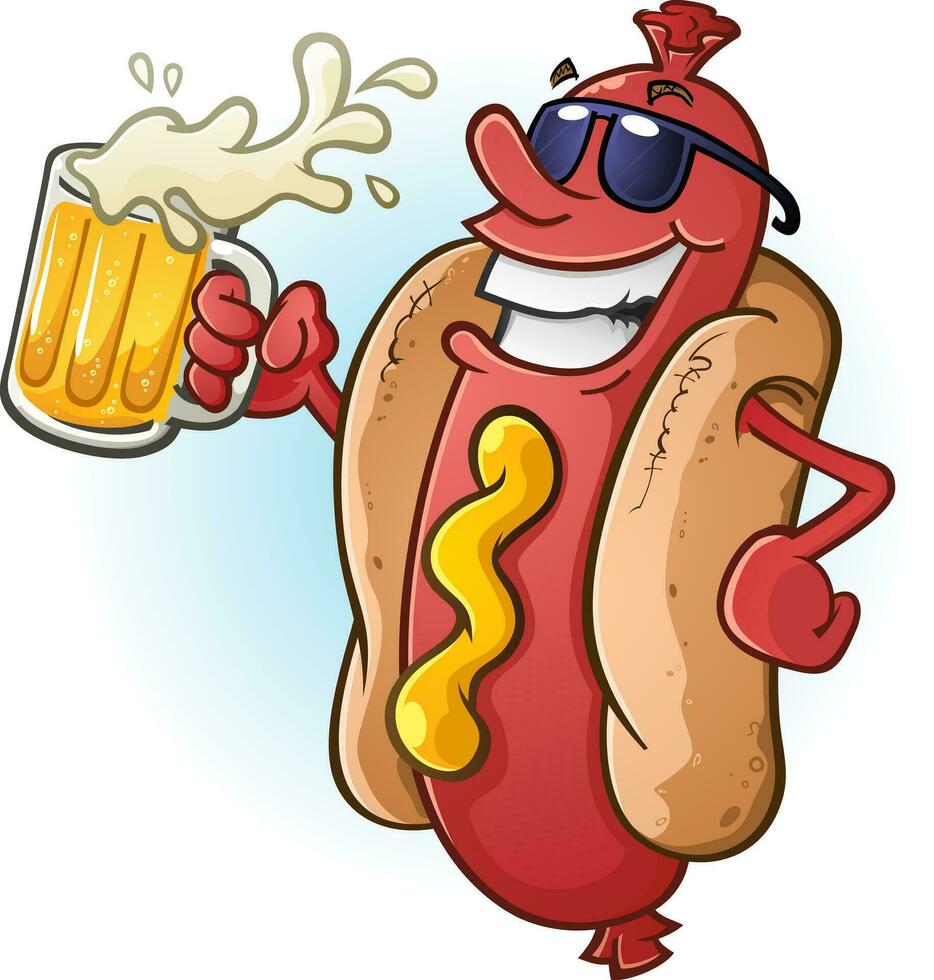 A hot dog character in sunglasses partying the night away while drinking a tall cold mug of beer vector