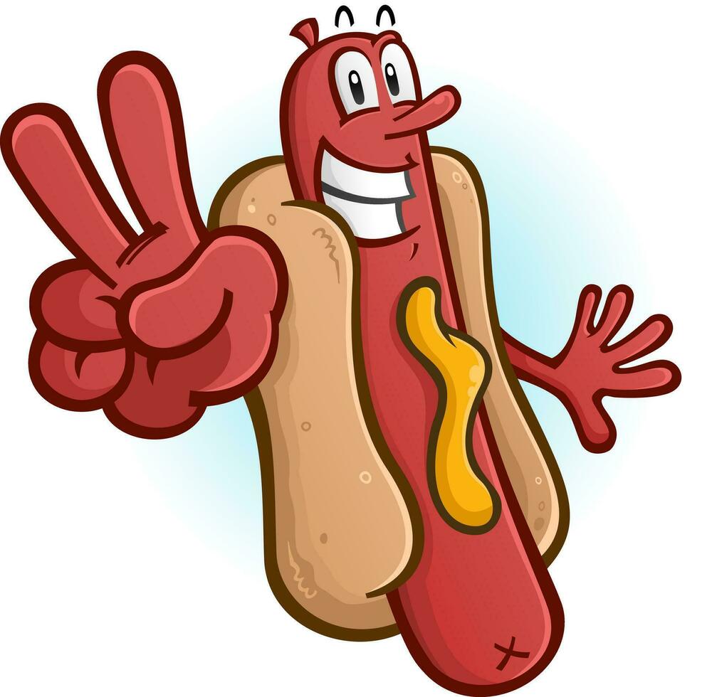 Hot Dog Cartoon Character Flashing a Peace Sign vector