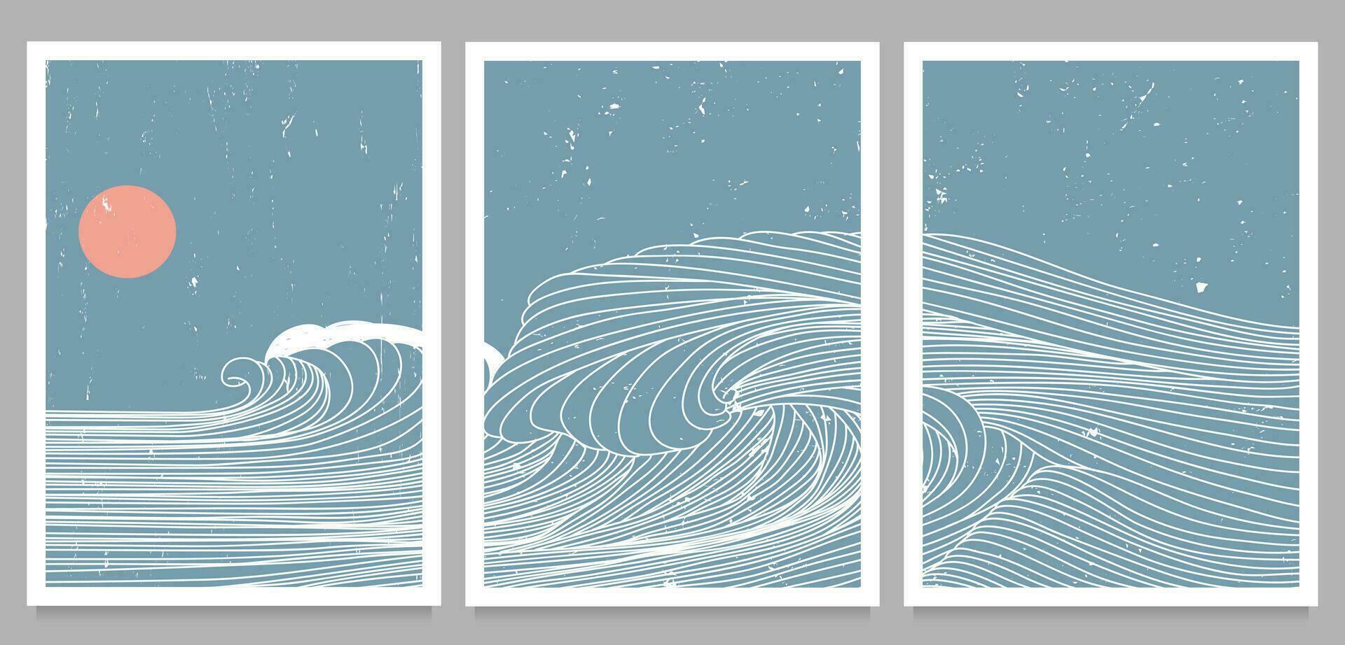 Ocean wave landscape on set. Creative minimalist modern line art print. Abstract contemporary aesthetic backgrounds landscapes. with Ocean, sea, wave and sunset. vector illustrations