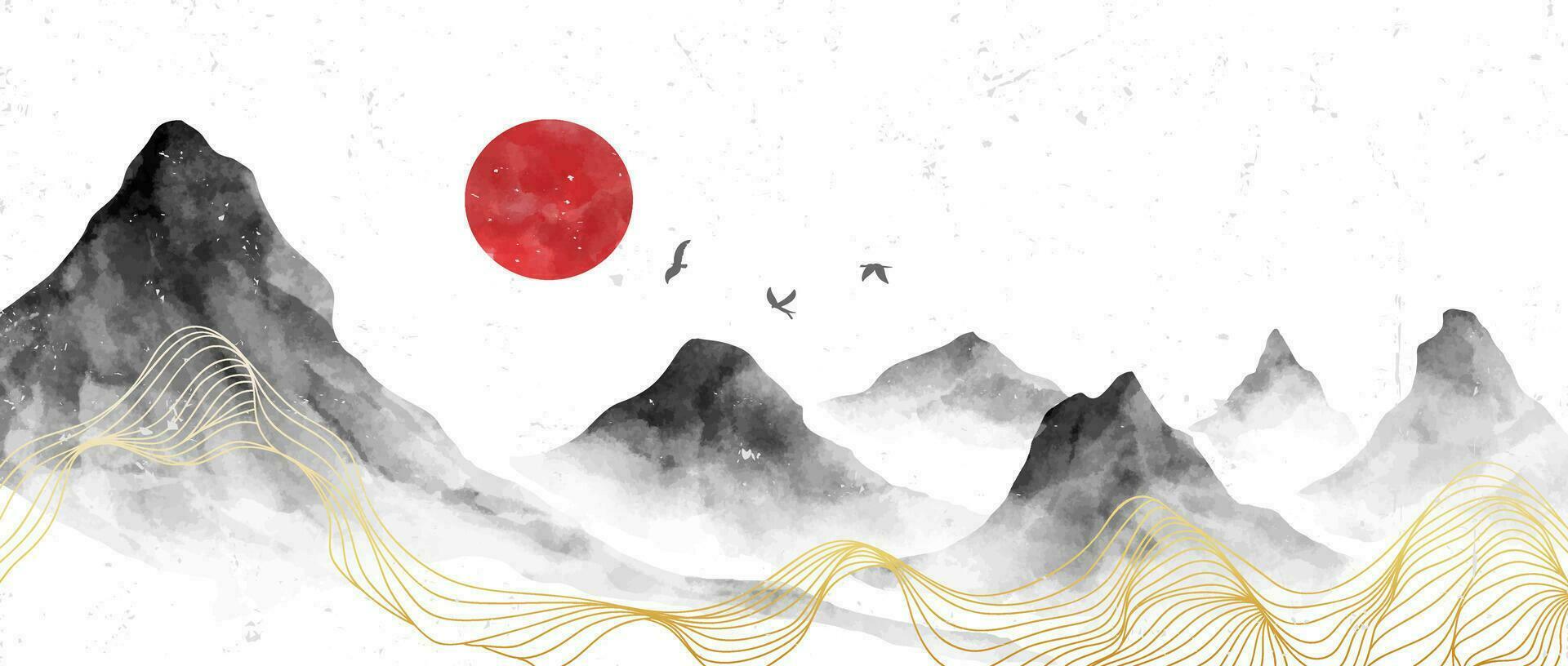 Japanese Mountain landscape watercolor painting illustration. Abstract contemporary aesthetic backgrounds landscapes. with mountains, hill, sun vector