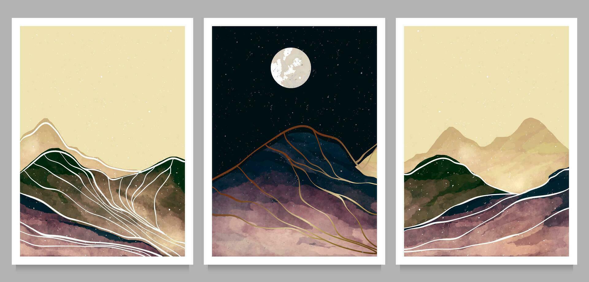 Mountain landscape illustration. Mid century modern art prints on set. Watercolor painting. Abstract contemporary aesthetic background landscape. with mountains, hills and moon vector