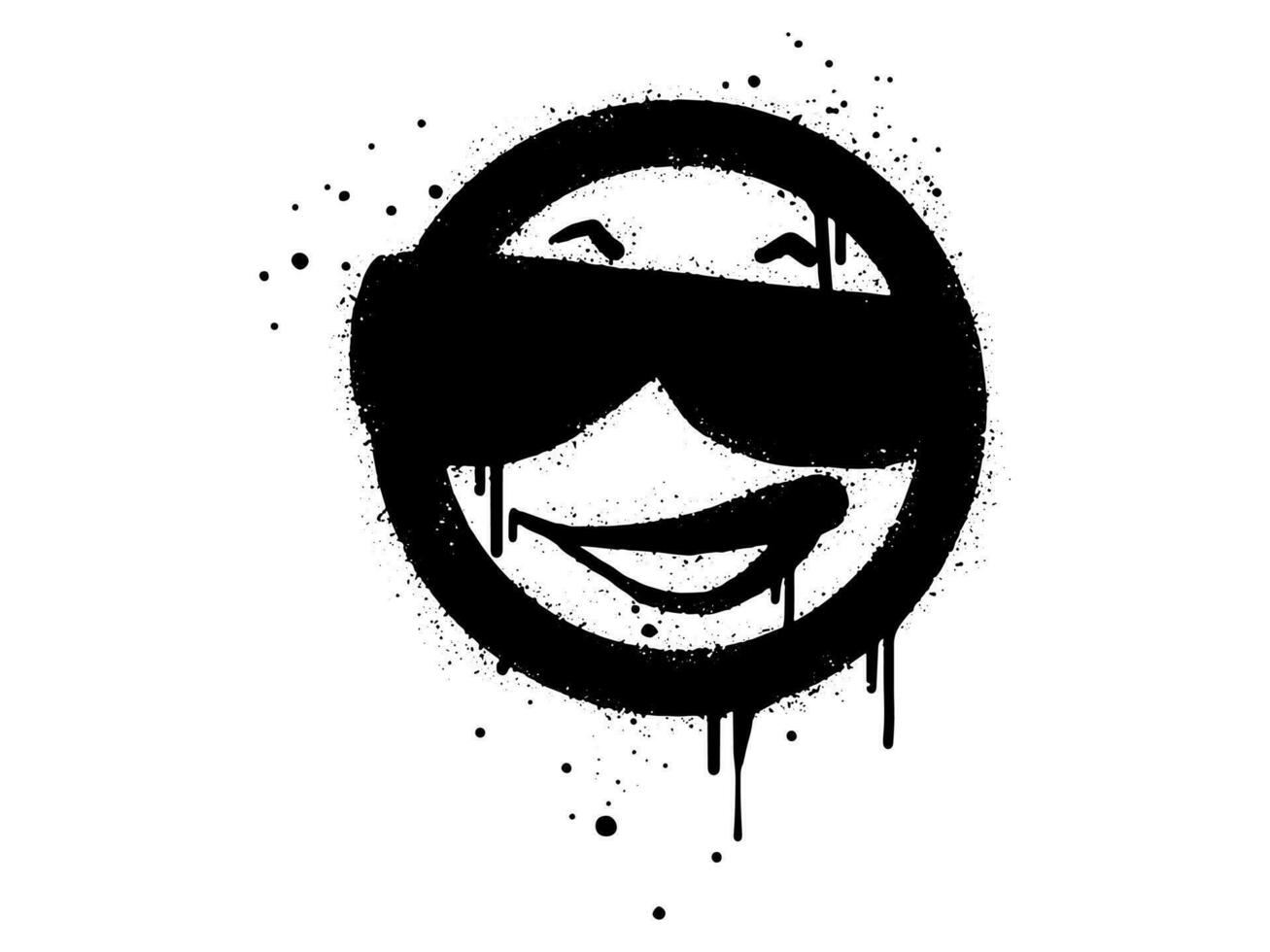 Smiling face emoticon character with sunglasses. Spray painted graffiti smile face in black over white. isolated on white background. vector illustration