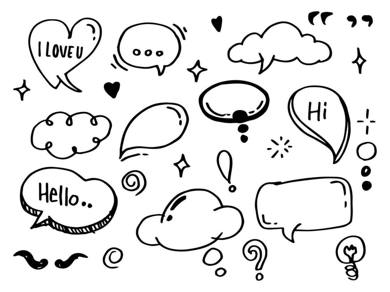 Doodle style comic balloon, speech bubble, cloud, heart, shaped design elements. vector