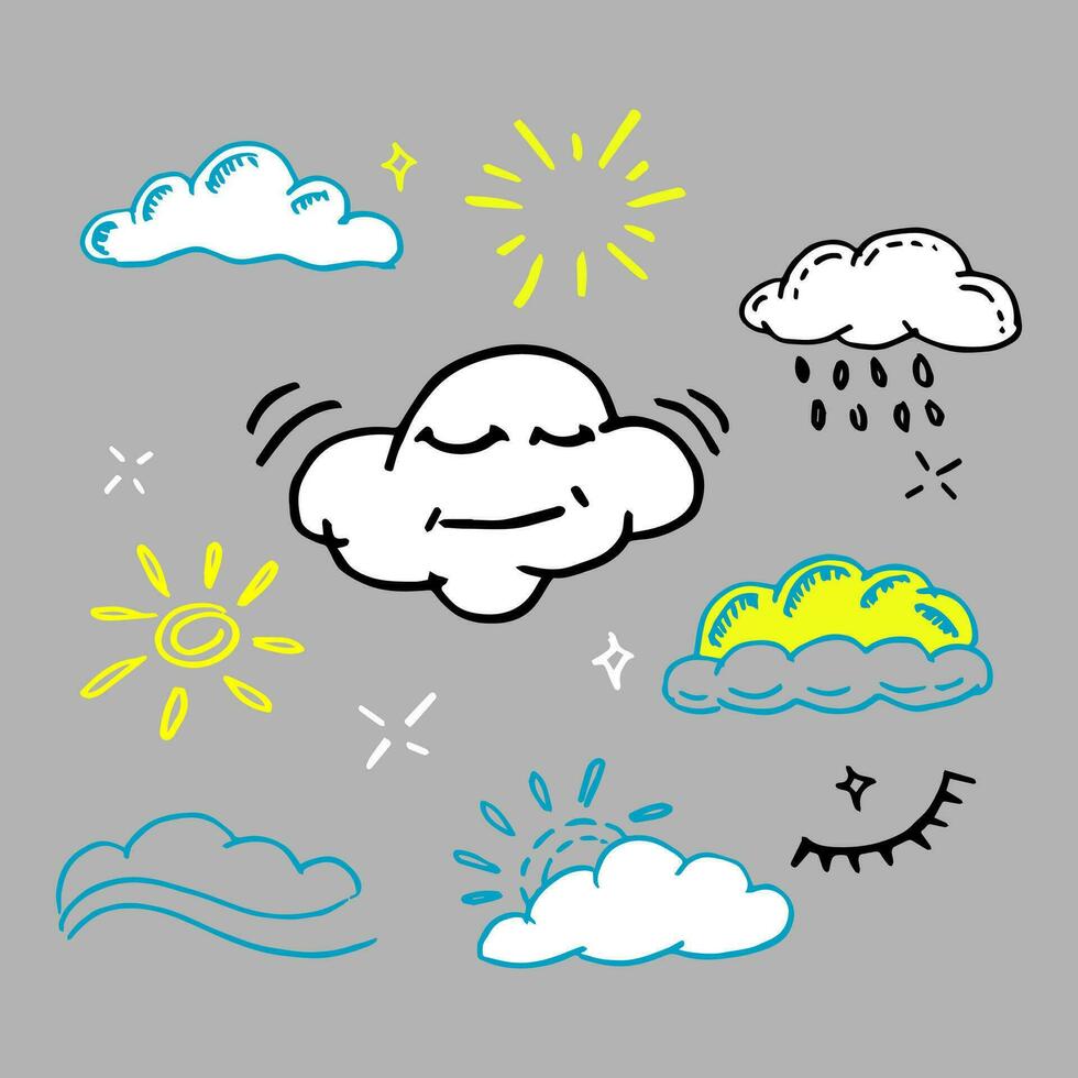 Set of cartoon weather icons with funny clouds, sun, rainny, sunshine and design element. vector doodle ilustration