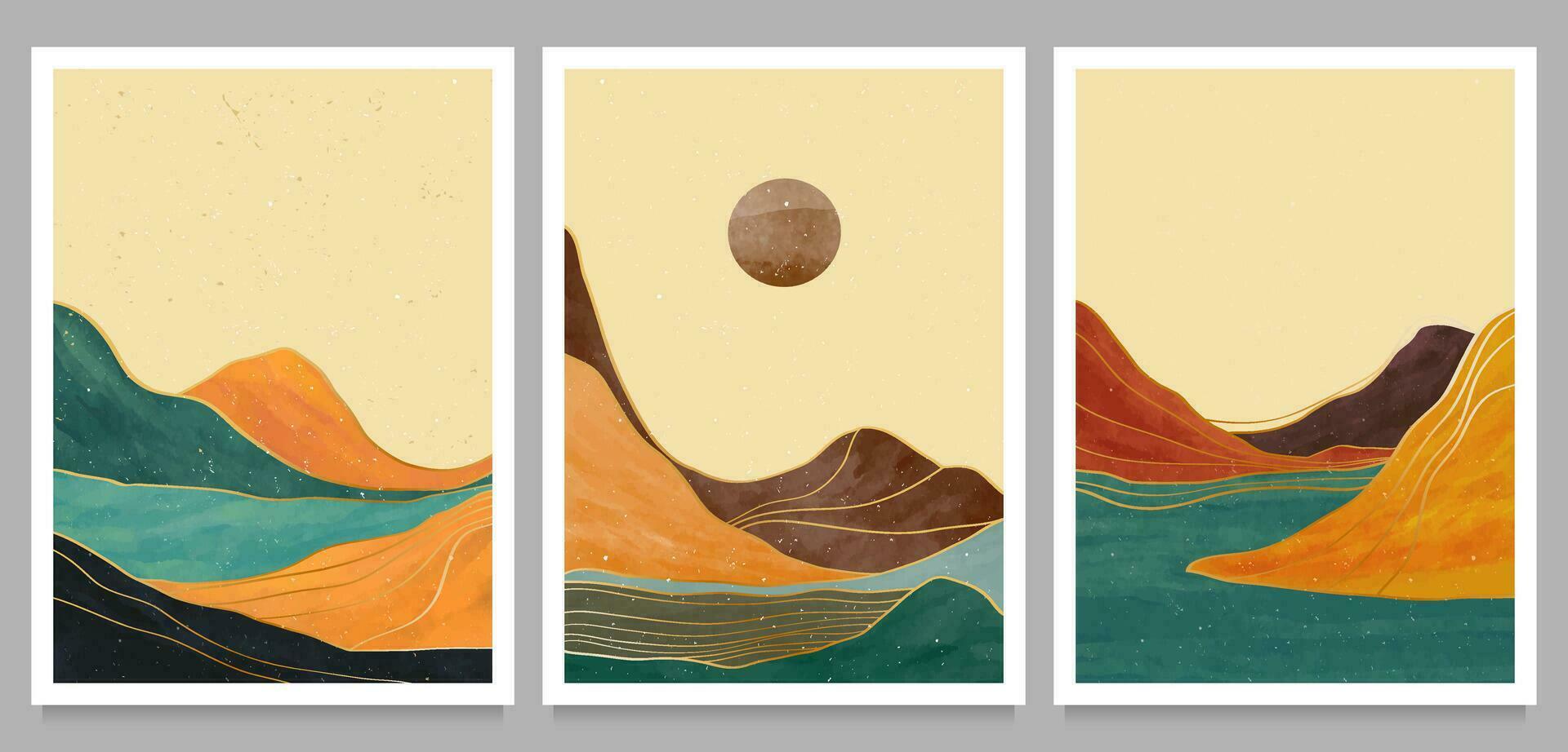 set of creative minimalist hand painted illustrations of Mid century modern art. Natural abstract landscape background. mountain, forest, sea, sky, sun and river vector