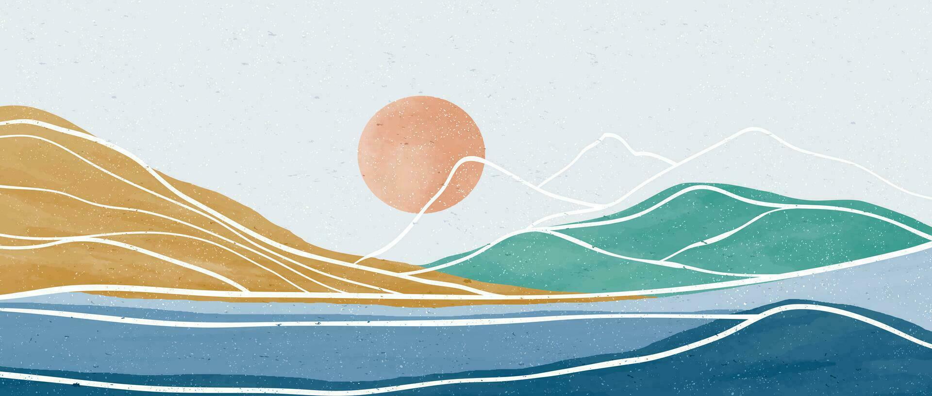 Mountain and Ocean wave landscape illustration. Creative minimalist modern painting and line art. Abstract contemporary aesthetic backgrounds landscapes. with Mountain, Ocean, sea, sunset, hills vector